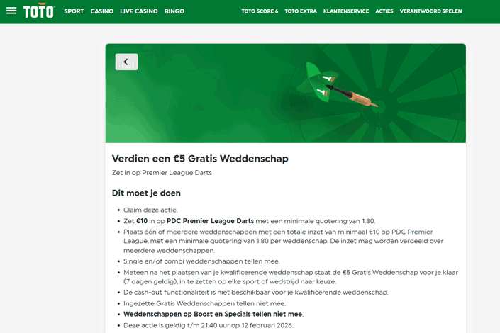 TOTO pakt uit - €5 gratis weddenschap op de Premier League Darts TOTO pakt uit - €5 gratis weddenschap op de Premier League Darts